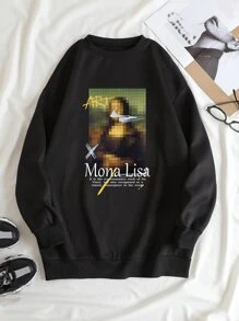 SHEIN EZwear Mona Lisa & Slogan Graphic Thermal Lined Sweatshirt - Black - View 1