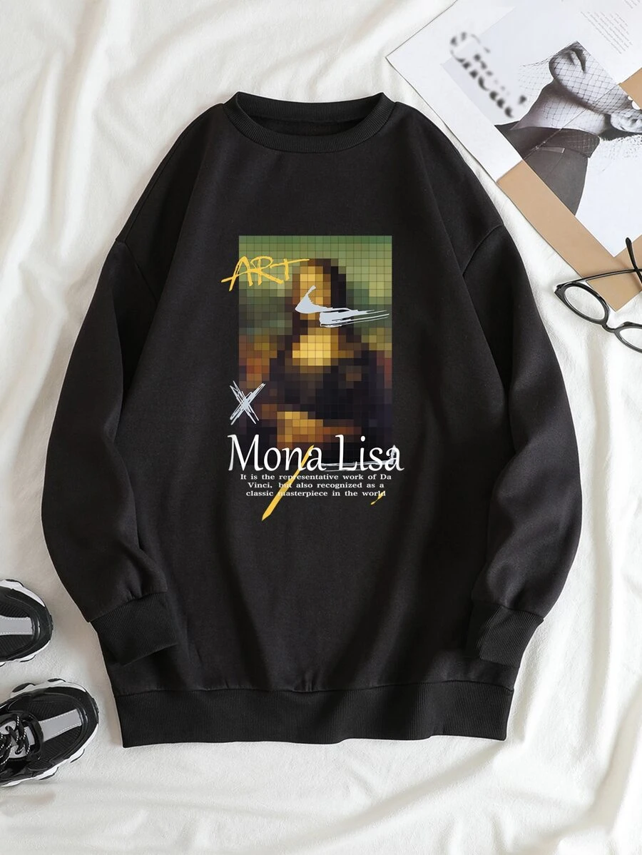 SHEIN EZwear Mona Lisa & Slogan Graphic Thermal Lined Sweatshirt - Black - View 1