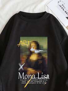 SHEIN EZwear Mona Lisa & Slogan Graphic Thermal Lined Sweatshirt - Black - View 3