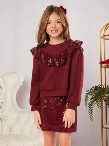 SHEIN Girls Contrast Sequin Ruffle Trim Drop Shoulder Pullover & Skirt - Burgundy - View 3