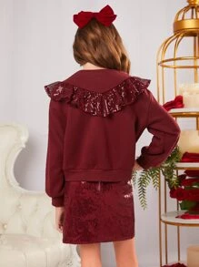 SHEIN Girls Contrast Sequin Ruffle Trim Drop Shoulder Pullover & Skirt - Burgundy - View 4