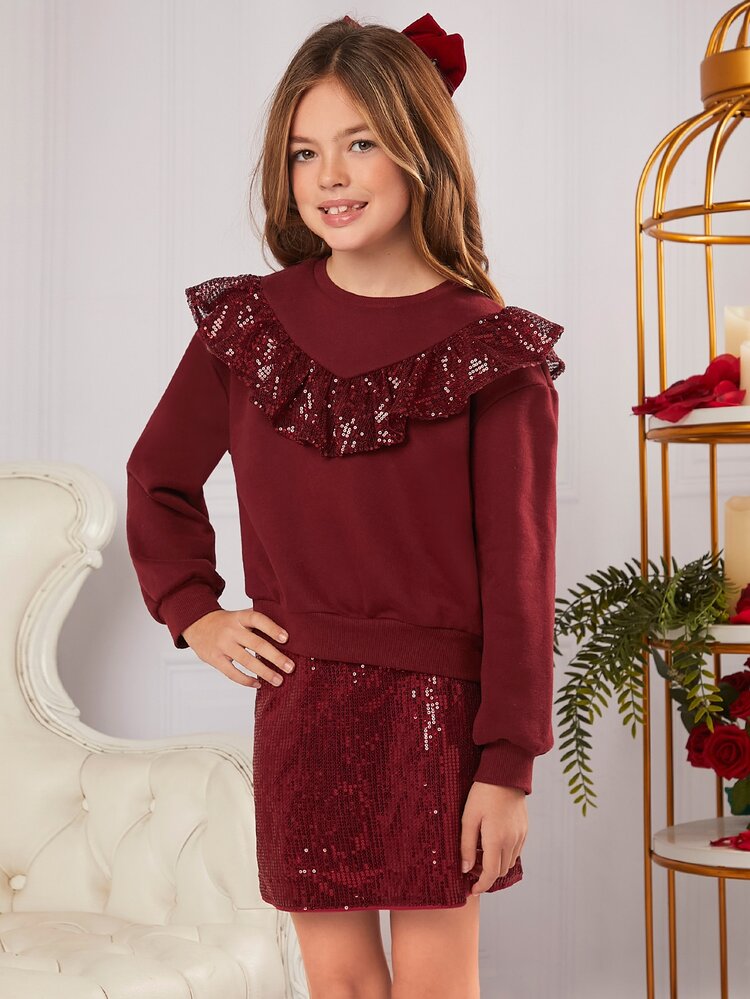 SHEIN 女孩亮片拼接荷葉邊落肩袖套頭衫和半身裙 - 酒紅色 - 查看 5