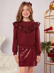 SHEIN Girls Contrast Sequin Ruffle Trim Drop Shoulder Pullover & Skirt - Burgundy - View 2