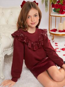SHEIN Girls Contrast Sequin Ruffle Trim Drop Shoulder Pullover & Skirt - Burgundy - View 1