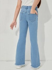 SHEIN Tween女孩鈕扣設計原始邊縫製喇叭牛仔褲 - 淺色水洗藍 - 查看 2
