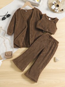 Toddler Girls Open Front Teddy Coat & Tank Top & Trousers - Chocolate Brown - View 1
