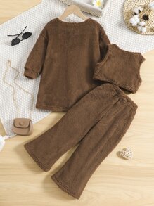 Toddler Girls Open Front Teddy Coat & Tank Top & Trousers - Chocolate Brown - View 2
