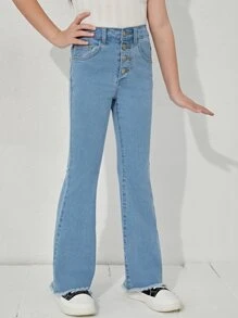SHEIN Tween女孩鈕扣設計原始邊縫製喇叭牛仔褲 - 淺色水洗藍 - 查看 3