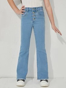 SHEIN Tween女孩鈕扣設計原始邊縫製喇叭牛仔褲 - 淺色水洗藍 - 查看 4