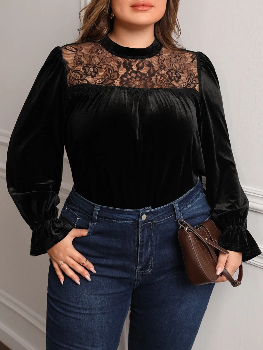 SHEIN Clasi Plus Contrast Lace Flounce Sleeve Mock Neck Velvet Blouse - Black - View 1