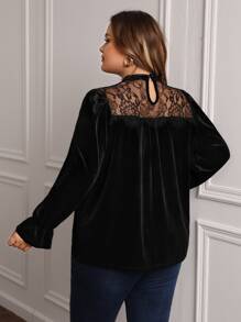 SHEIN Clasi Plus Contrast Lace Flounce Sleeve Mock Neck Velvet Blouse - Black - View 2