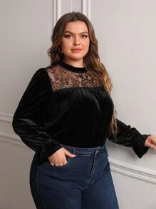 SHEIN Clasi Plus Contrast Lace Flounce Sleeve Mock Neck Velvet Blouse - Black - View 3