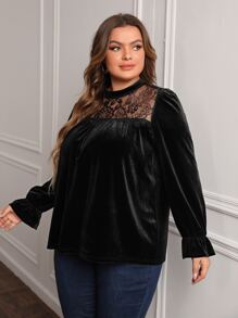 SHEIN Clasi Plus Contrast Lace Flounce Sleeve Mock Neck Velvet Blouse - Black - View 4