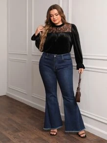 SHEIN Clasi Plus Contrast Lace Flounce Sleeve Mock Neck Velvet Blouse - Black - View 5