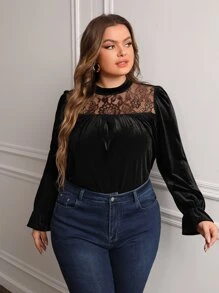 SHEIN Clasi Plus Contrast Lace Flounce Sleeve Mock Neck Velvet Blouse - Black - View 6
