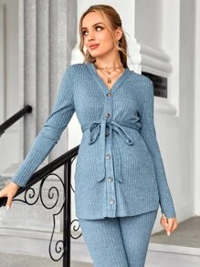 SHEIN Bộ đồ hai mảnh Bà bầu Thắt lưng Chia Nút phía trước màu trơn Giải trí - Màu xanh bụi bặm - Xem 4