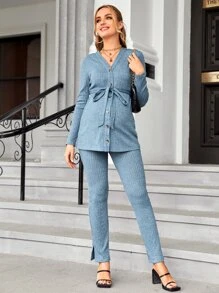 SHEIN Bộ đồ hai mảnh Bà bầu Thắt lưng Chia Nút phía trước màu trơn Giải trí - Màu xanh bụi bặm - Xem 5