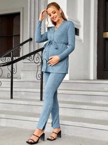 SHEIN Bộ đồ hai mảnh Bà bầu Thắt lưng Chia Nút phía trước màu trơn Giải trí - Màu xanh bụi bặm - Xem 6