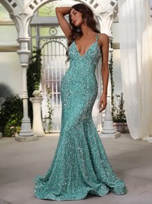 Backless Tie-Up Mermaid Silhouette Sequin Slip Dress, Elegant Formal Evening Gown For Weddings, Galas, Graduations, Cocktail Parties - Mint Green - View 1