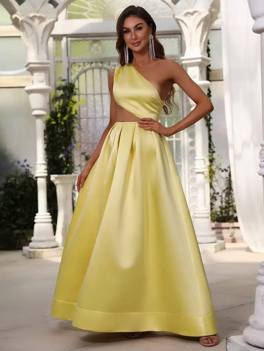 One Shoulder Cut Out Satin Dress - Yellow - View 1