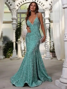 Backless Tie-Up Mermaid Silhouette Sequin Slip Dress, Elegant Formal Evening Gown For Weddings, Galas, Graduations, Cocktail Parties - Mint Green - View 3
