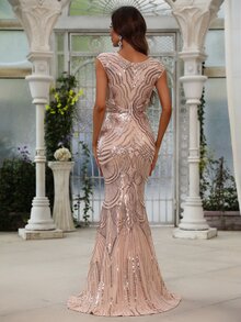 Zip Back Sequin Mermaid Hem Prom Dress Elegant Formal Evening Wedding Guest Gown, For Graduation, Dinner Party Dress - Champagne - View 2