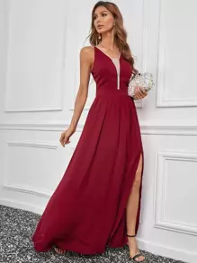 網紗拼接露背高衩吊帶連衣裙 - 紅色 - 查看 1