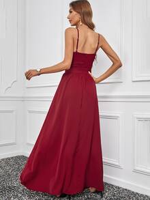 網紗拼接露背高衩吊帶連衣裙 - 紅色 - 查看 2