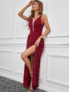 網紗拼接露背高衩吊帶連衣裙 - 紅色 - 查看 3