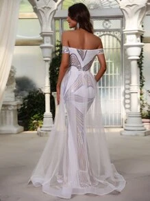 Đầm ghép mộng kim sa Dây kéo Tương phản Mesh Tất cả trên in Buổi tiệc - trắng - Xem 2