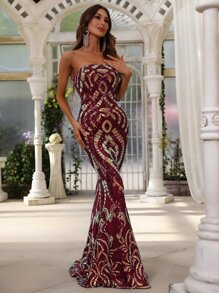 魚尾裙下擺亮片抹胸正式連衣裙 - 酒紅色 - 查看 4