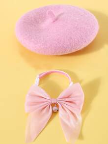 2pcs Solid Pet Beret & Bow - Pink - View 2