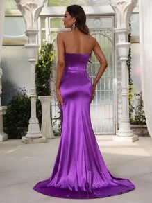 Ruched Side Split Thigh Satin Tube Formal Dress - Purple - View 2