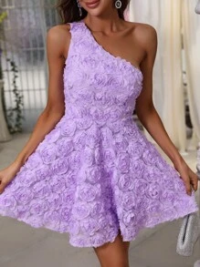 Faeriesty One Shoulder Jacquard Fit & Flare Dress - Lilac Purple - View 4