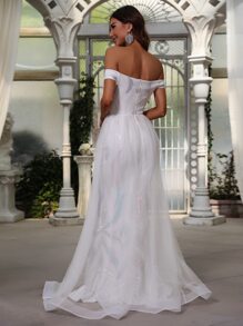 Faeriesty Đầm lưới đính sequin sang trọng, trễ vai, phối màu tương phản, dáng đuôi cá. - trắng - Xem 2