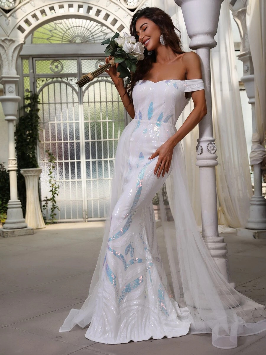 Faeriesty Đầm lưới đính sequin sang trọng, trễ vai, phối màu tương phản, dáng đuôi cá. - trắng - Xem 1