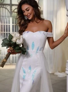 Faeriesty Đầm lưới đính sequin sang trọng, trễ vai, phối màu tương phản, dáng đuôi cá. - trắng - Xem 5