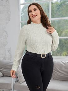 SHEIN Essnce Plus Mock Neck Cable Knit Tee - Beige - View 3