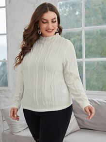 SHEIN Essnce Plus Mock Neck Cable Knit Tee - Beige - View 4