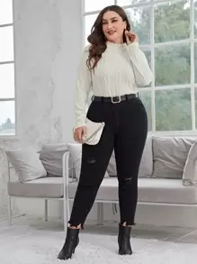 SHEIN Essnce Plus Mock Neck Cable Knit Tee - Beige - View 5