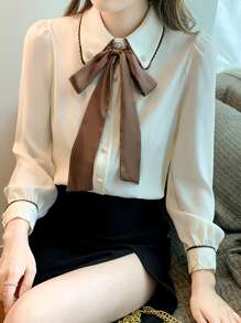Contrast Trim Button Through Shirt With Bow Tie - Apricot - View 5