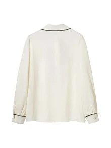 Contrast Trim Button Through Shirt With Bow Tie - Apricot - View 2