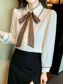 Contrast Trim Button Through Shirt With Bow Tie - Apricot - View 4