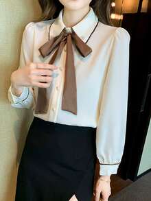 Contrast Trim Button Through Shirt With Bow Tie - Apricot - View 3