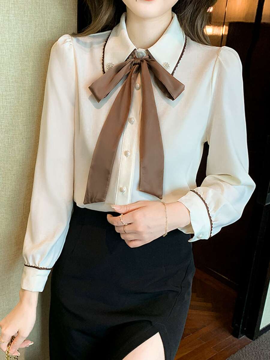 Contrast Trim Button Through Shirt With Bow Tie - Apricot - View 1