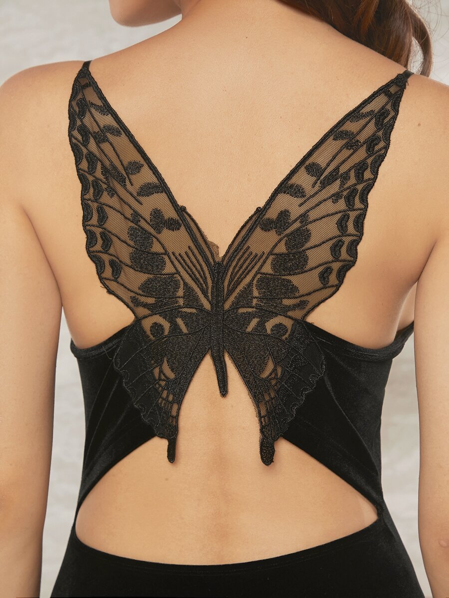 SHEIN BAE Butterfly Lace Insert Open Back Velvet Bodycon Dress - Black - View 1