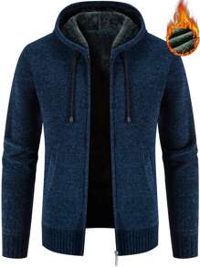 Manfinity Homme Men Casual Drawstring Hooded Thermal Lined Cardigan Going Out Plain Dark Blue Chunky Cardigan, For Husband, Boyfriend Gifts, Men Fleece Hoodie, Men Zip Up Hoodie, Men Winter Hoodie, Men Hooded Jacket, Blue Men Hoodie , Fall - Navy Blue - View 1
