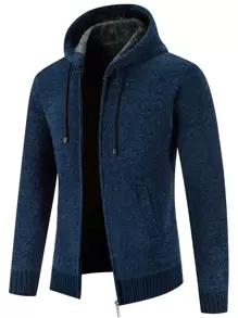 Manfinity Homme Men Casual Drawstring Hooded Thermal Lined Cardigan Going Out Plain Dark Blue Chunky Cardigan, For Husband, Boyfriend Gifts, Men Fleece Hoodie, Men Zip Up Hoodie, Men Winter Hoodie, Men Hooded Jacket, Blue Men Hoodie , Fall - Navy Blue - View 3