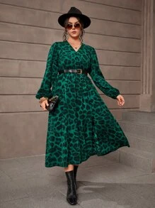 SHEIN Clasi Plus Leopard Print Lantern Sleeve Dress Without Belt - Dark Green - View 1
