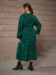 SHEIN Clasi Plus Leopard Print Lantern Sleeve Dress Without Belt - Dark Green - View 2